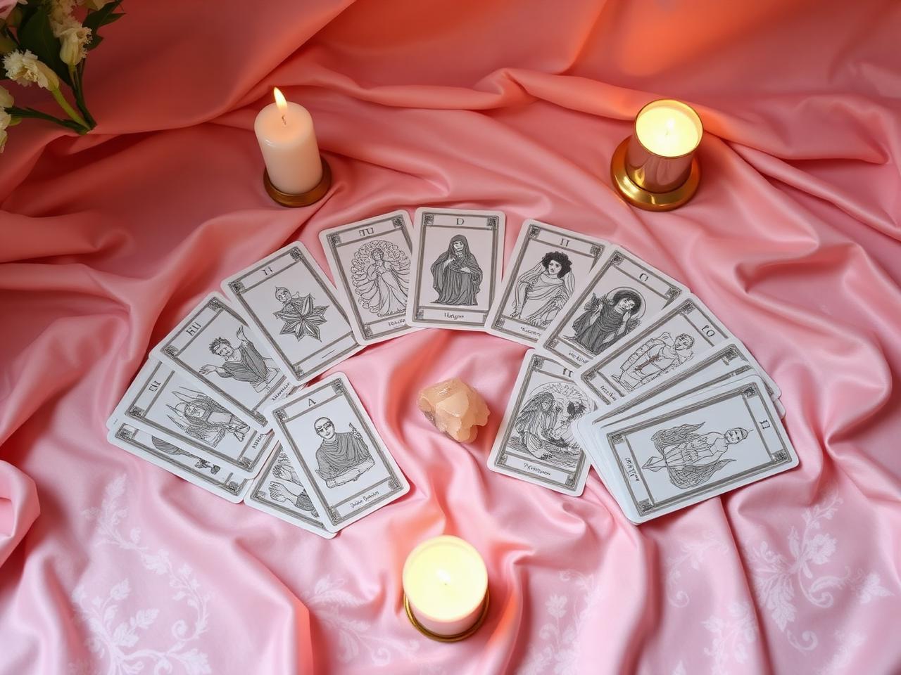 Elegant tarot card spread fanned across blush silk with candles and crystals