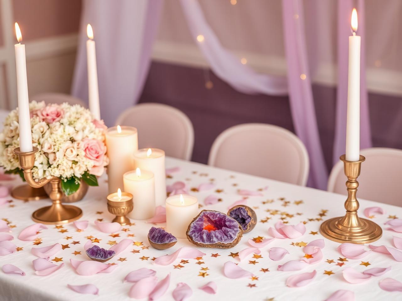 Celestial party tablescape with candles, amethyst, rose petals, and gold star confetti