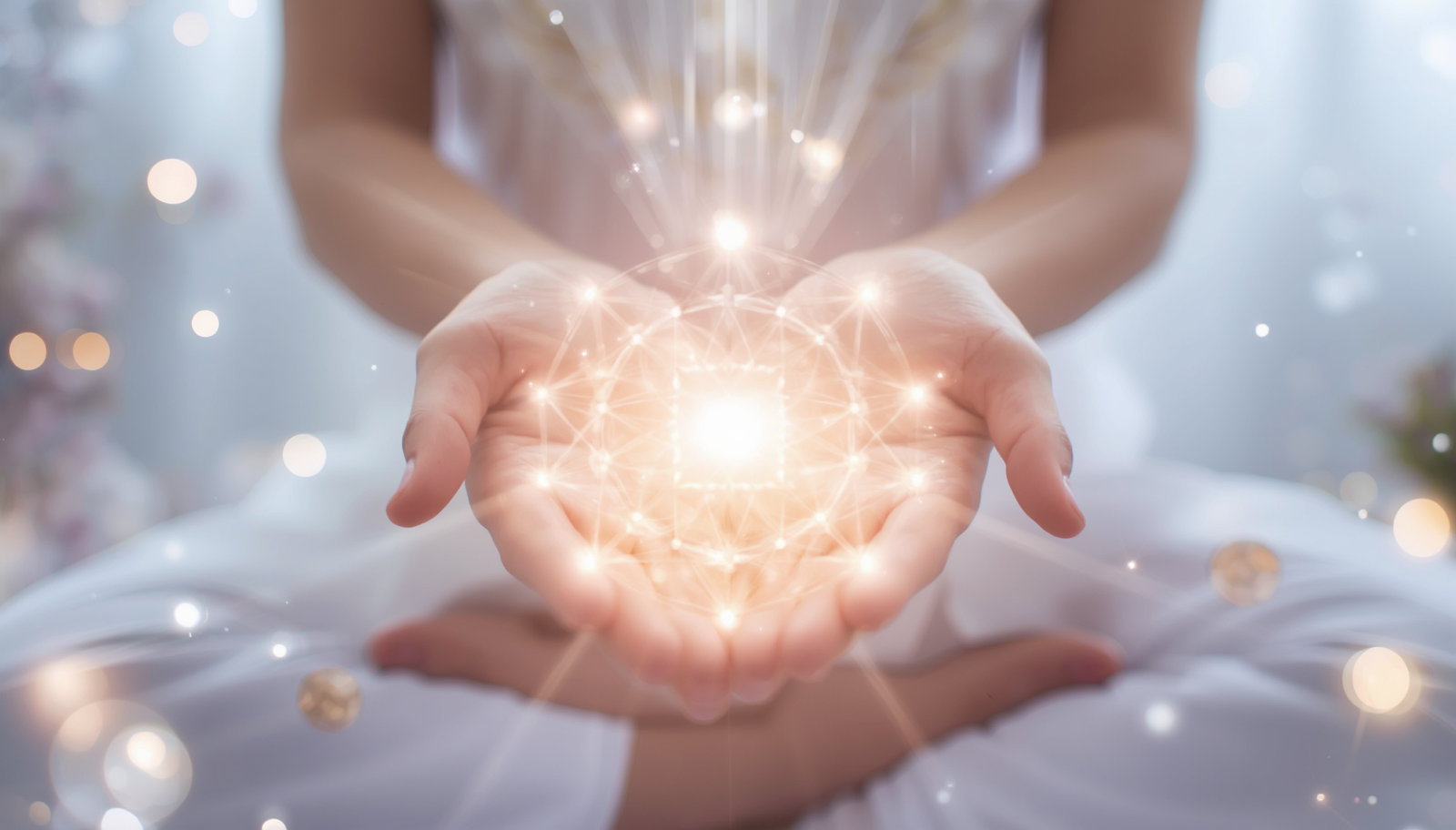 Spiritual energy healing journey with glowing hands