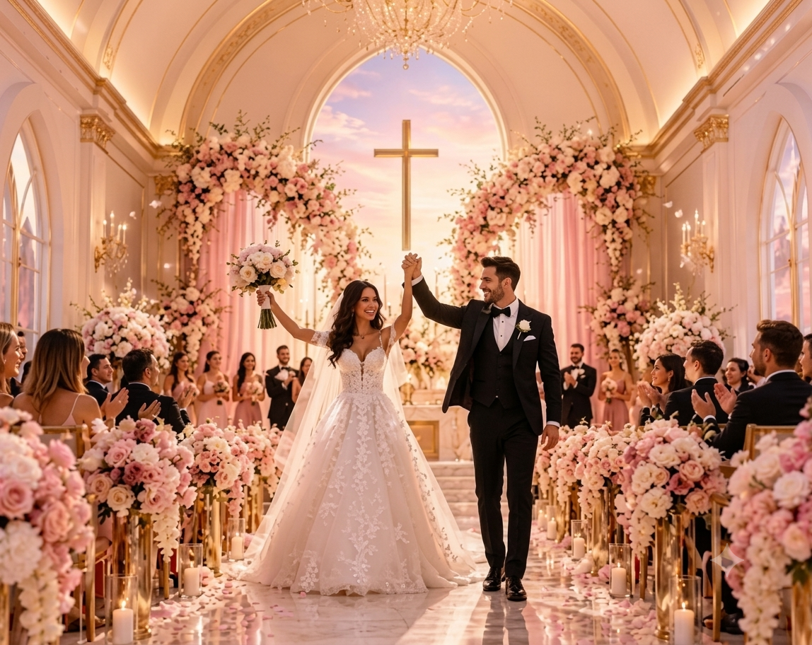 A radiant couple celebrating their love in a chapel filled with pink and white flowers at golden hour